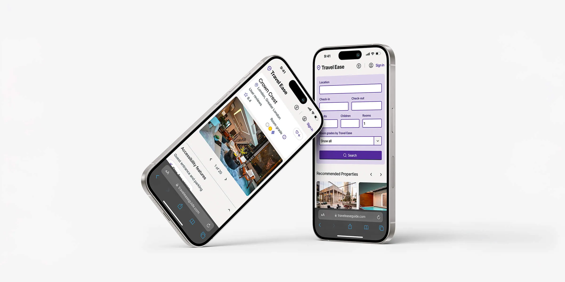 Two modern smartphones display TravelEase, a sleek travel mobile app interface with booking and property search features, emphasising accessibility-first design.