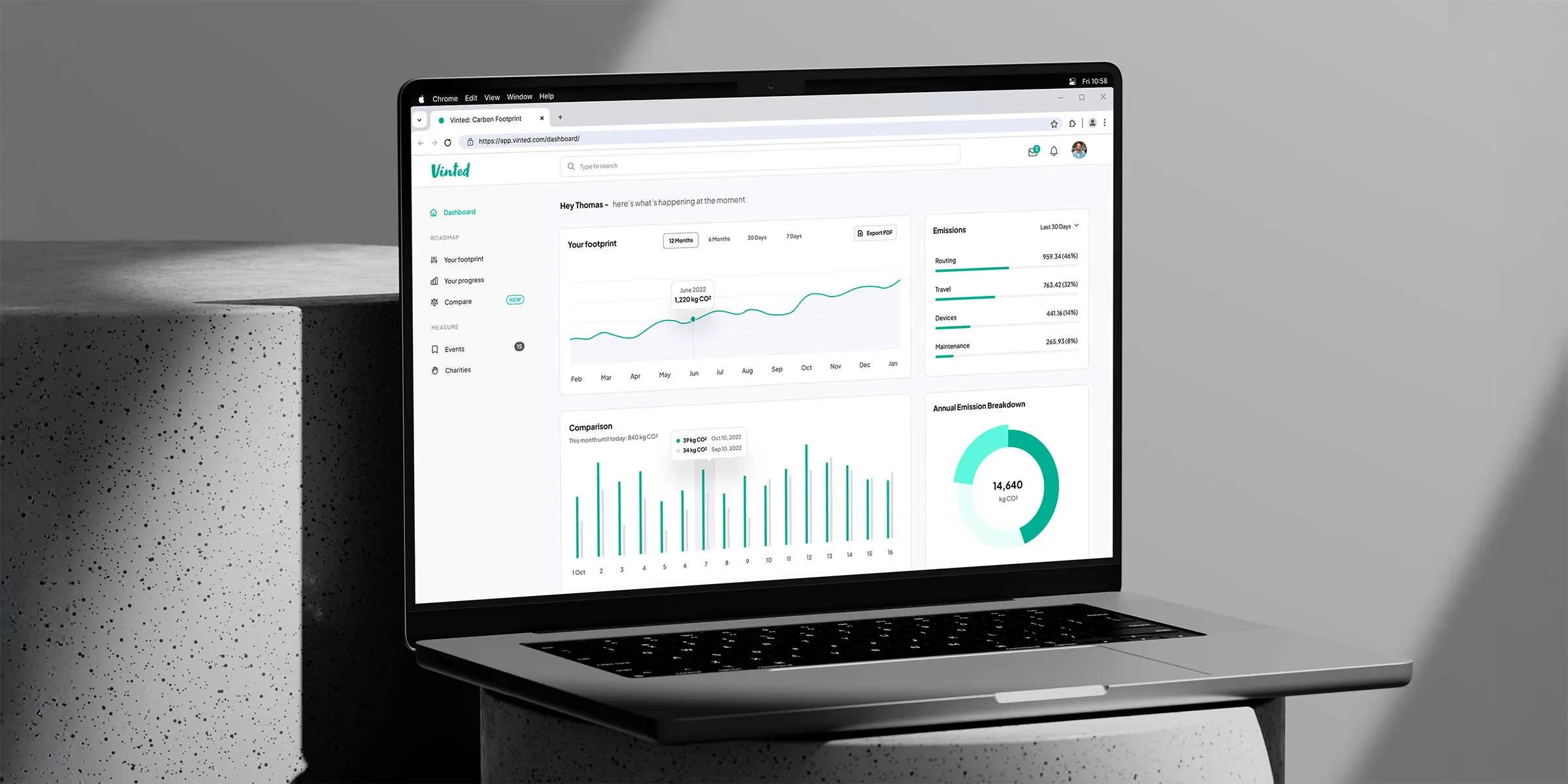 A sleek laptop on a modern concrete table displays a dashboard with detailed analytics, featuring graphs and charts related to carbon footprint and business metrics for Vinted.