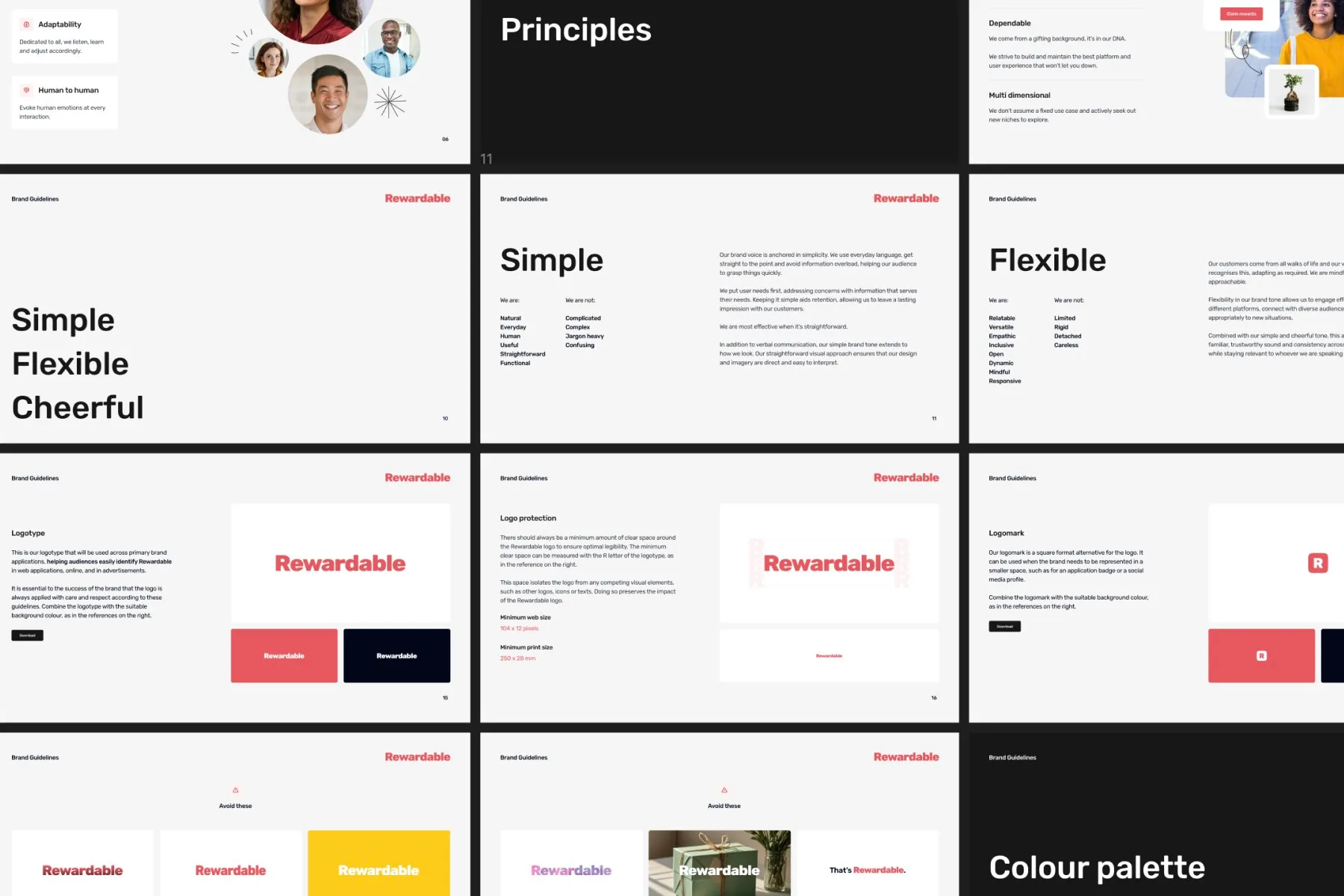 Spreads from the Rewardable brand guidelines, covering the principles Simple, Flexible and Cheerful, logotype and logomark usage, minimum clear space, and examples of misuse to avoid.