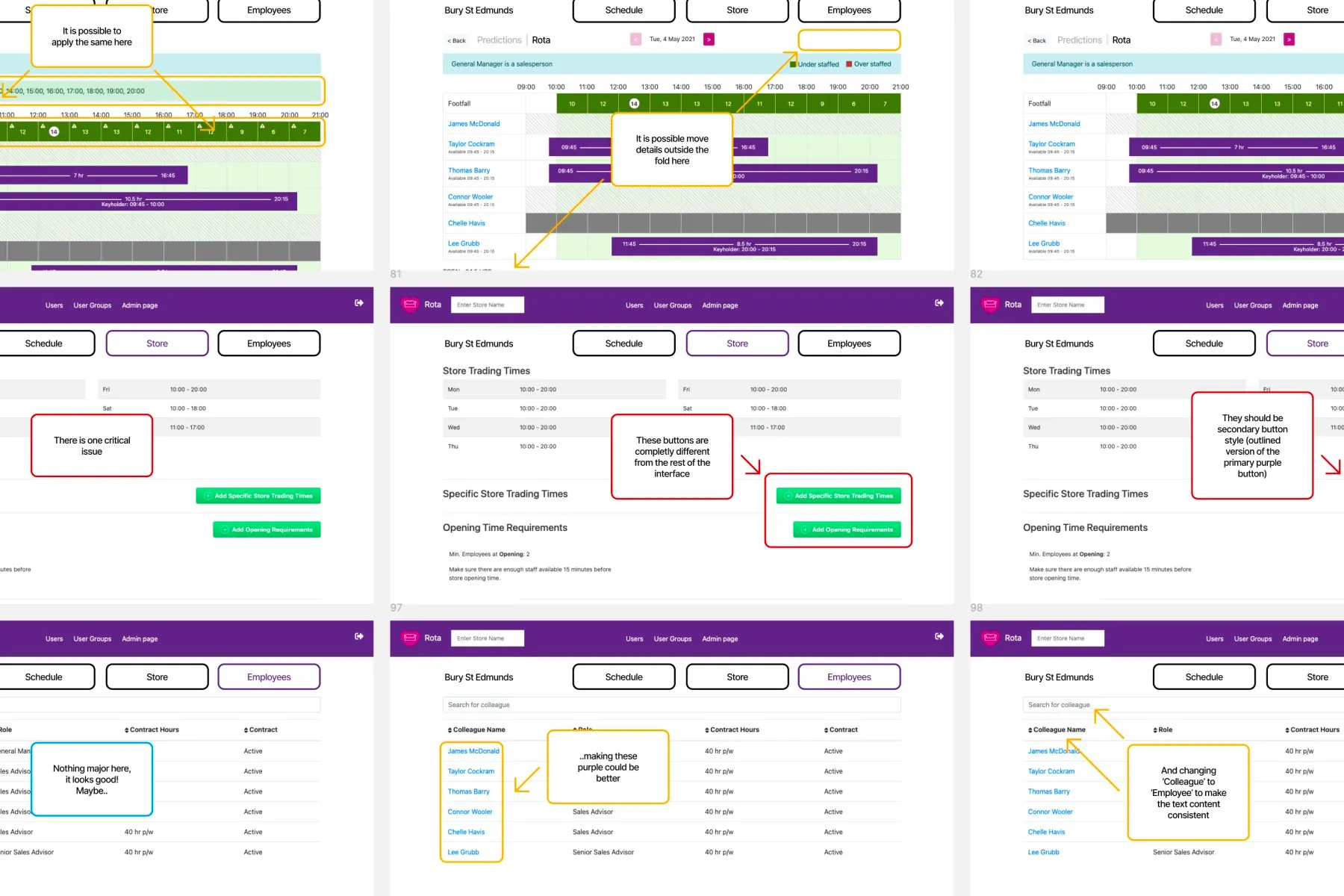 A Figma review board of annotated DFS Rota screenshots, with yellow and red callout notes flagging inconsistent button styles, layout problems and copy changes across the schedule, store and employees pages.