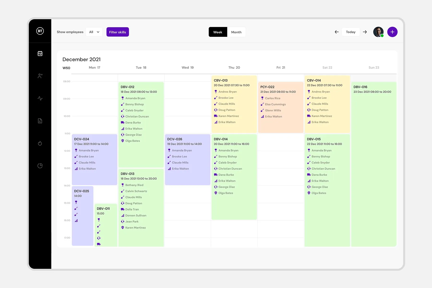 The BT workforce scheduling calendar for December 2021, showing a week of colour-coded jobs, each listing a reference code, time window and the employees assigned.