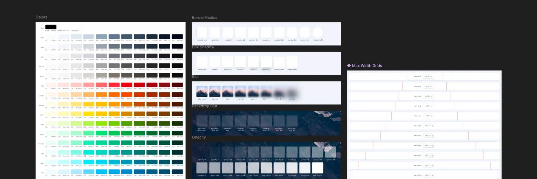 A dark reference sheet of Tailwind CSS design tokens: colour palettes in rows by hue, alongside border radius, box shadow, blur, backdrop blur and opacity scales, and max-width grid definitions.