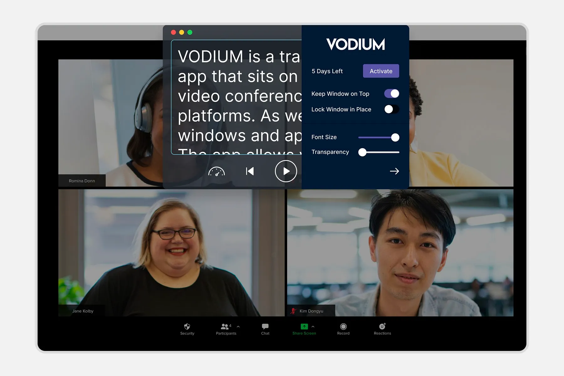 VODIUM in use over a Zoom call, its transparent script window sitting above the participant grid, with a settings panel offering keep-window-on-top, font size and transparency controls.