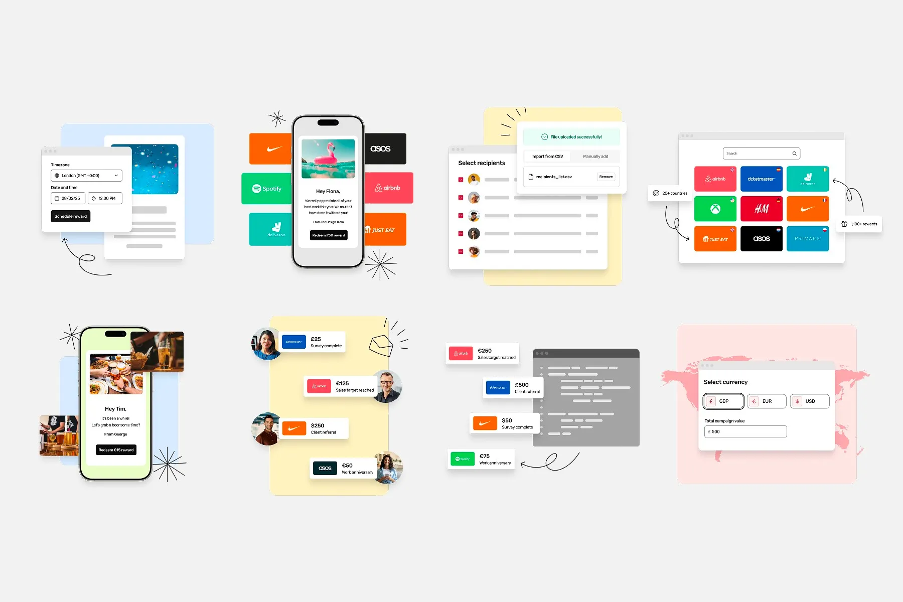An illustration grid of Rewardable product moments: scheduling a reward, a phone showing a personalised reward message, importing recipients from CSV, a brand catalogue spanning 20-plus countries, and a currency selector over a world map.
