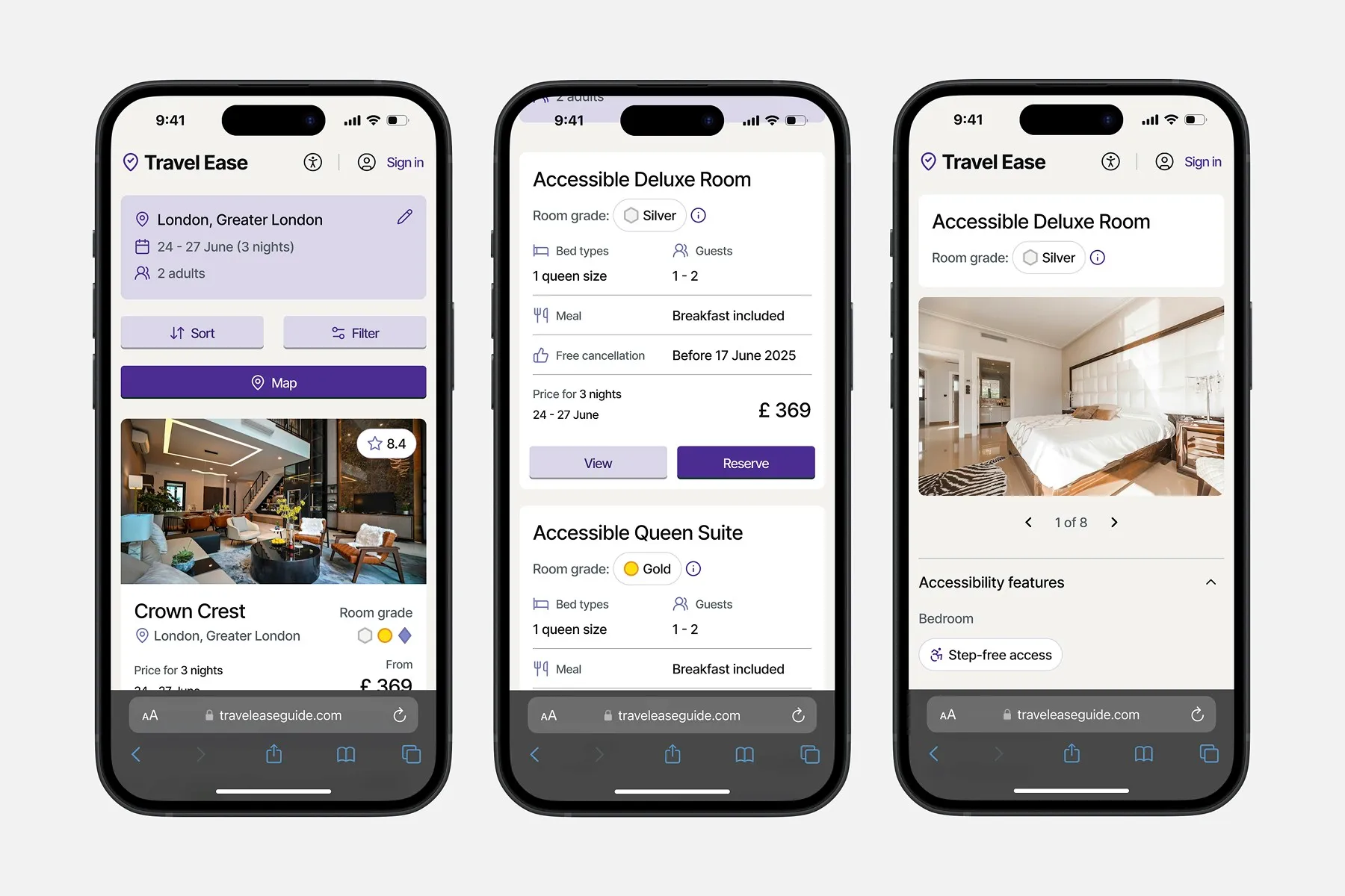 Three TravelEase screens: search results for London with a Crown Crest property card, room options showing grade, bed type and cancellation terms, and a room detail page listing step-free access.