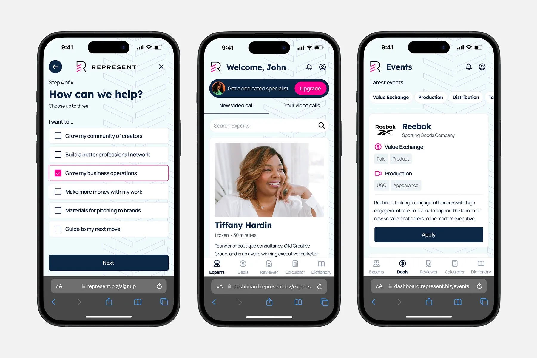 Three high-fidelity Represent screens: a "How can we help?" onboarding step with selectable goals, an experts directory showing Tiffany Hardin, and a Reebok campaign card with an Apply button.