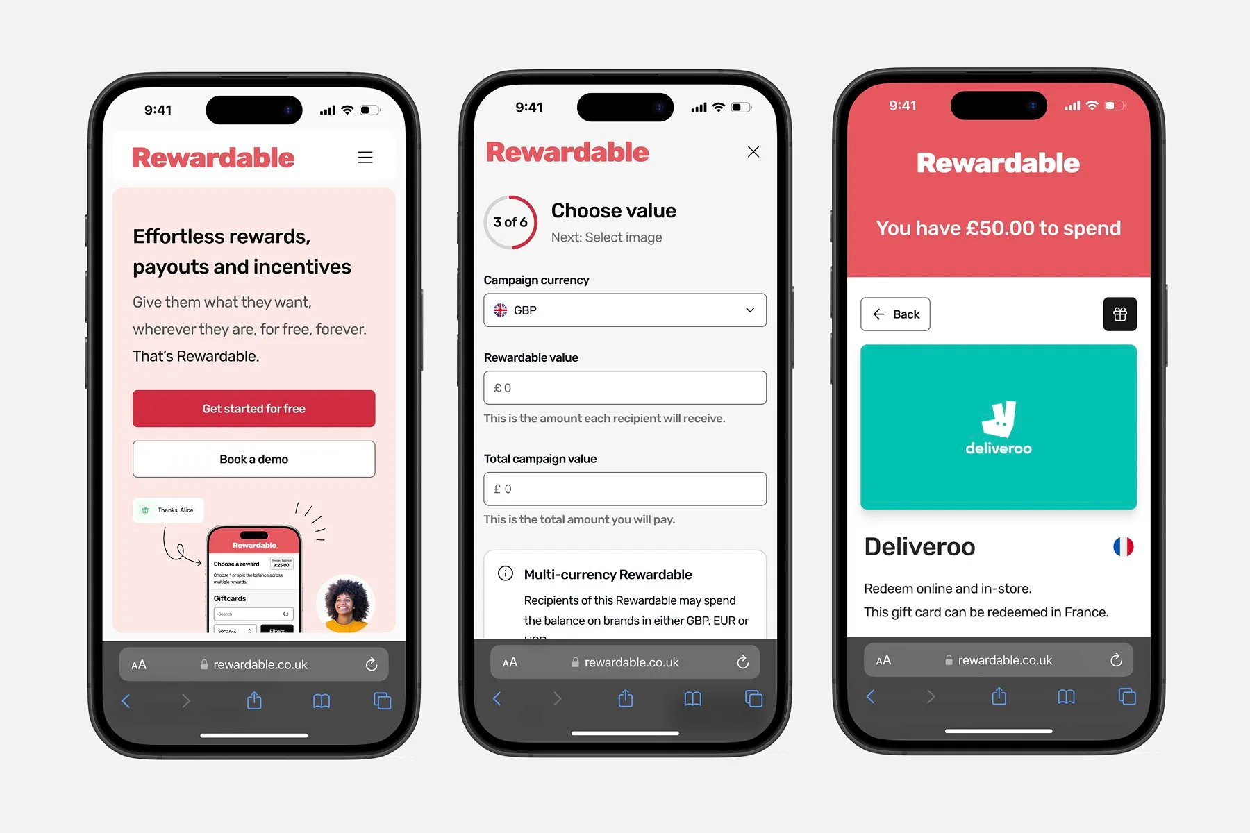 Three Rewardable screens on phones: the marketing homepage, a "Choose value" campaign step with currency and value fields, and a recipient’s redemption screen showing a £50 Deliveroo balance.