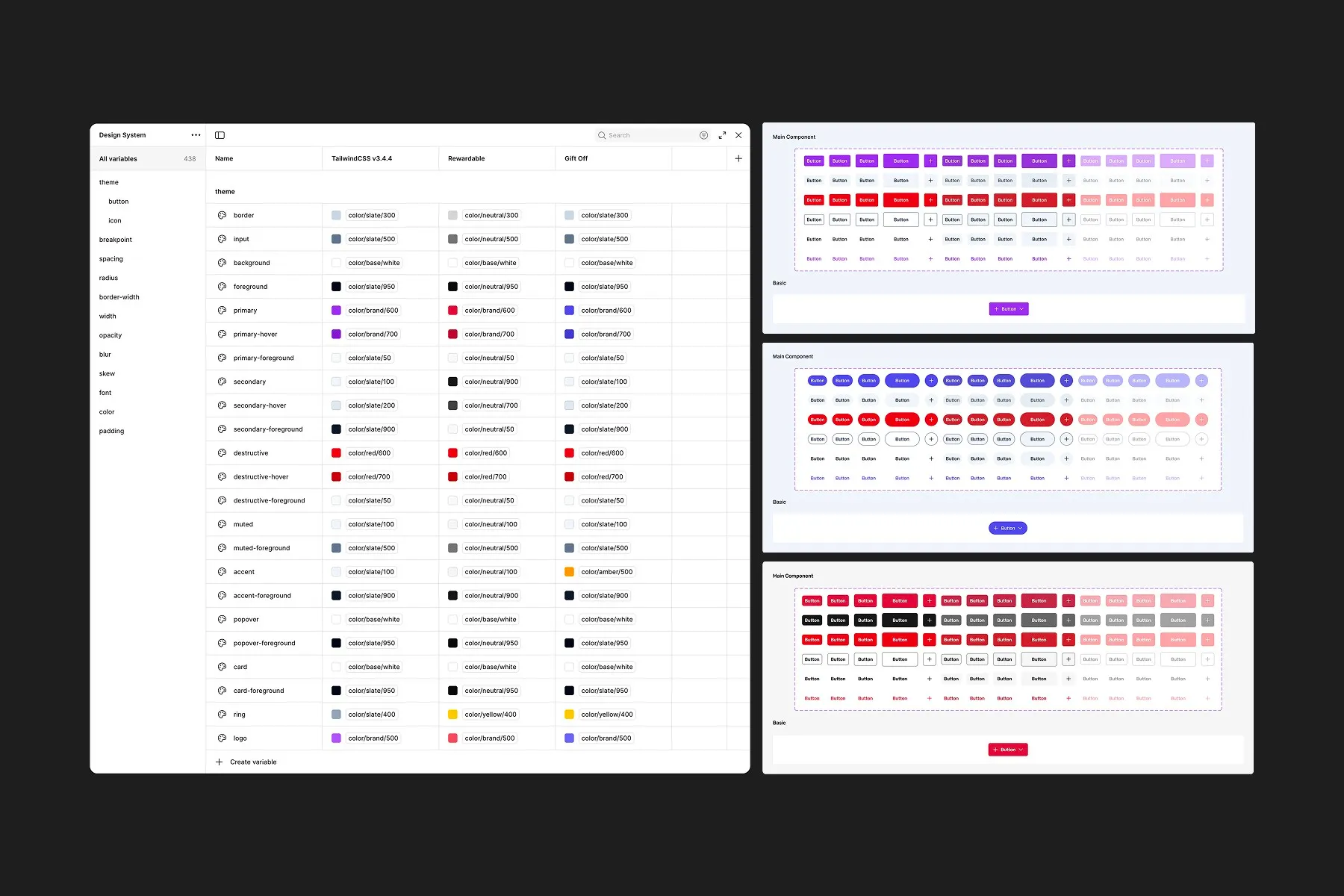 Figma’s variables panel listing 438 theme tokens, with columns comparing the TailwindCSS, Rewardable and Gift Off values side by side, next to matrices of button component variants in purple, blue and red.