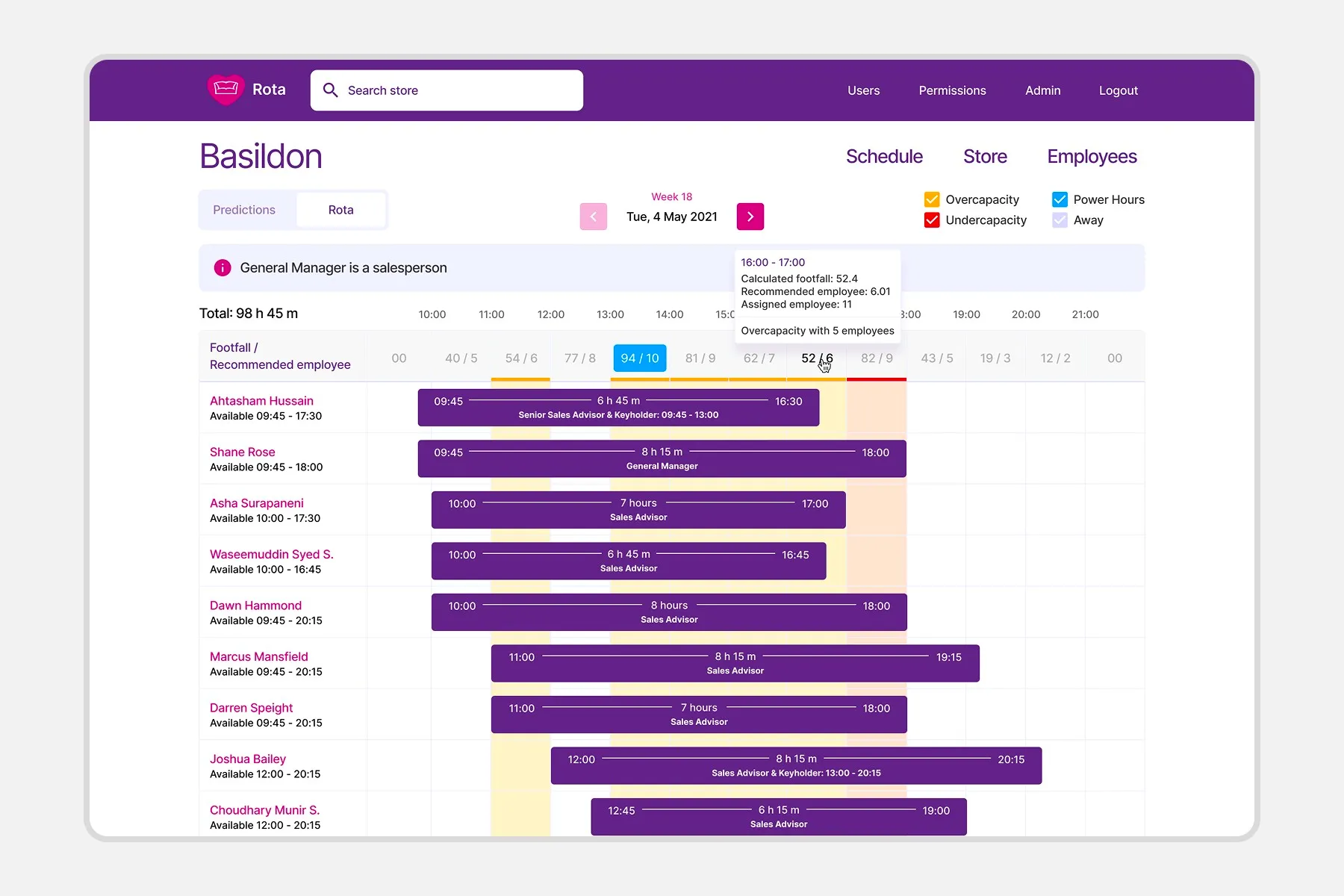 The DFS Rota schedule for the Basildon store, showing a day’s shifts as purple bars per employee against an hourly timeline, with a tooltip comparing recommended and assigned staff for 16:00 to 17:00.
