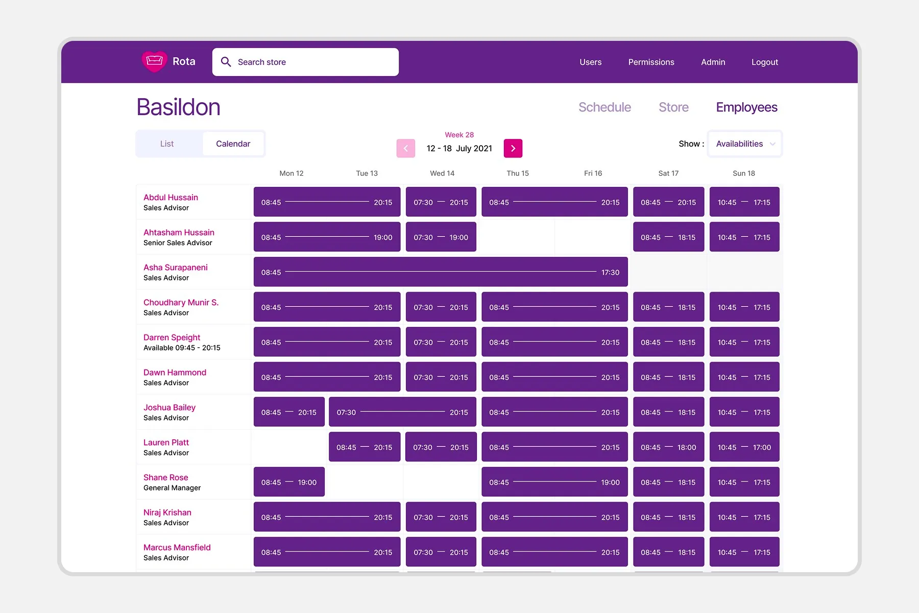 The DFS Rota employees calendar for Basildon, showing each colleague’s availability across a week as purple time blocks.