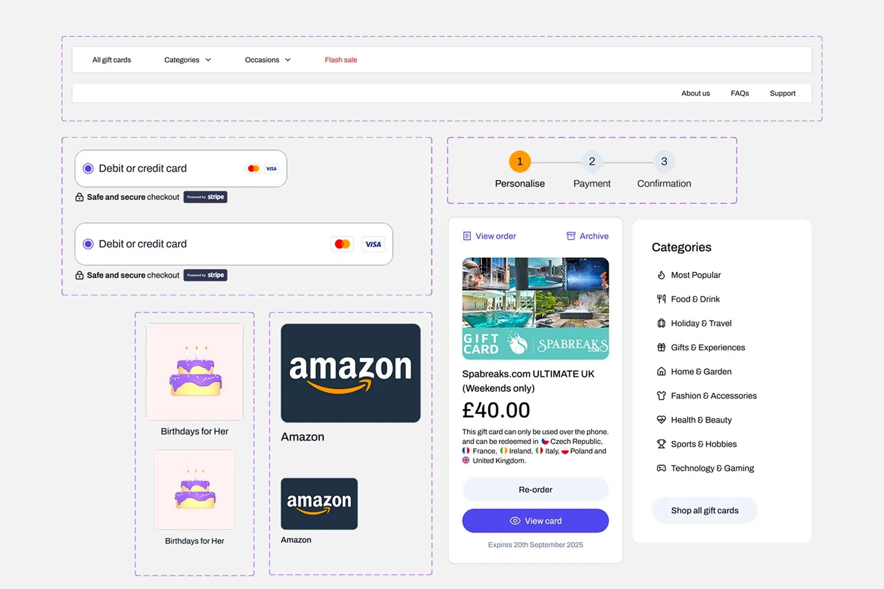 Gift Off storefront components: navigation bars, Stripe card payment rows, Amazon and birthday gift card tiles, a three-step Personalise, Payment and Confirmation indicator, an order card for a Spabreaks gift card, and a categories list.