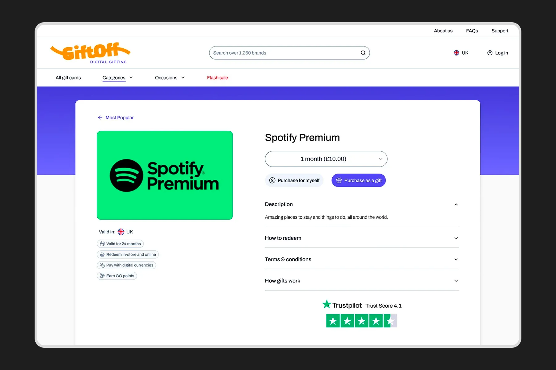The Gift Off storefront product page for a Spotify Premium gift card, with a one-month £10 option, buttons to purchase for yourself or as a gift, collapsible description sections, and a Trustpilot score of 4.1.